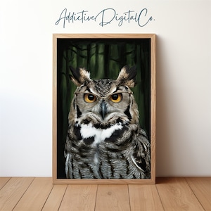 Owl Portrait, Dark Academia Room Decor, Wise Owl Wearing Glasses in Forest Background Printable Wall Art, Oil Painting Style, Animal Art