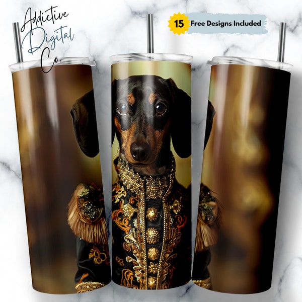 Dachshund Royal Portrait 20oz Skinny Tumbler Wrap, Dog Lover Gift, Elegant Pet Design, Unique Sublimation Graphic for Tumblers
