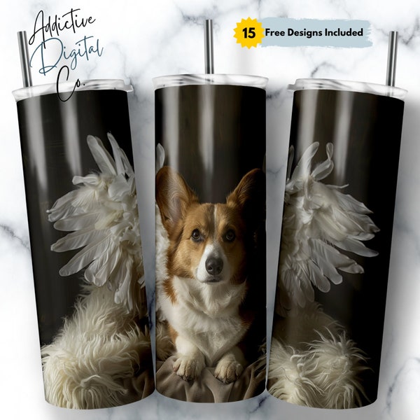 Corgi Angel Wings 20oz Skinny Tumbler Wrap PNG, Dog Lover Gift, Tumbler Sublimation, Unique Memorial Pet Design