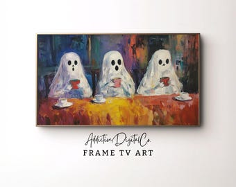 Arte de TV con marco de Samsung de Halloween, lindos fantasmas bebiendo café, fantasma de TV, arte abstracto colorido, arte de TV con marco de Halloween, pintura acogedora de otoño