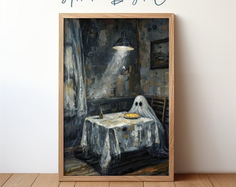 Ghost Dining Alone Portrait, Dark Academia Gothic Decor, Haunting Ghost with Pizza Surreal Printable Wall Art, Eerie Moody Aesthetic