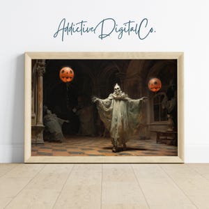 Vintage Halloween Ghost Printable Wall Art, Eerie Haunted House Painting, Dark Academia Gothic Decor, Spooky Skeletons and Jack-O&#39;-Lanterns
