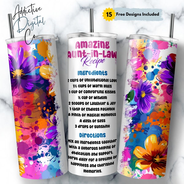 Aunt-in-Law Recipe Tumbler Wrap, Floral AIL Seamless Sublimation Designs, Auntie-in-Law Skinny Tumbler 20oz Design Aunt-in-Law PNG