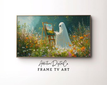 Arte de TV con marco Samsung de Halloween, pintura de fantasmas en un campo de flores, fantasma de TV, arte floral colorido, arte de TV con marco de Halloween, otoño caprichoso