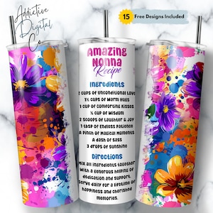 Nonna Recipe Tumbler Wrap, Floral Grandma Seamless Sublimation Designs, Italian Grandmother Skinny Tumbler 20oz Design Nonna PNG