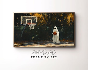 Halloween Samsung Frame TV Art, Ghost Playing Basketball, TV Ghost, Autumn Colors Basketball Ghost, Halloween Frame TV Art, Autumn Sports