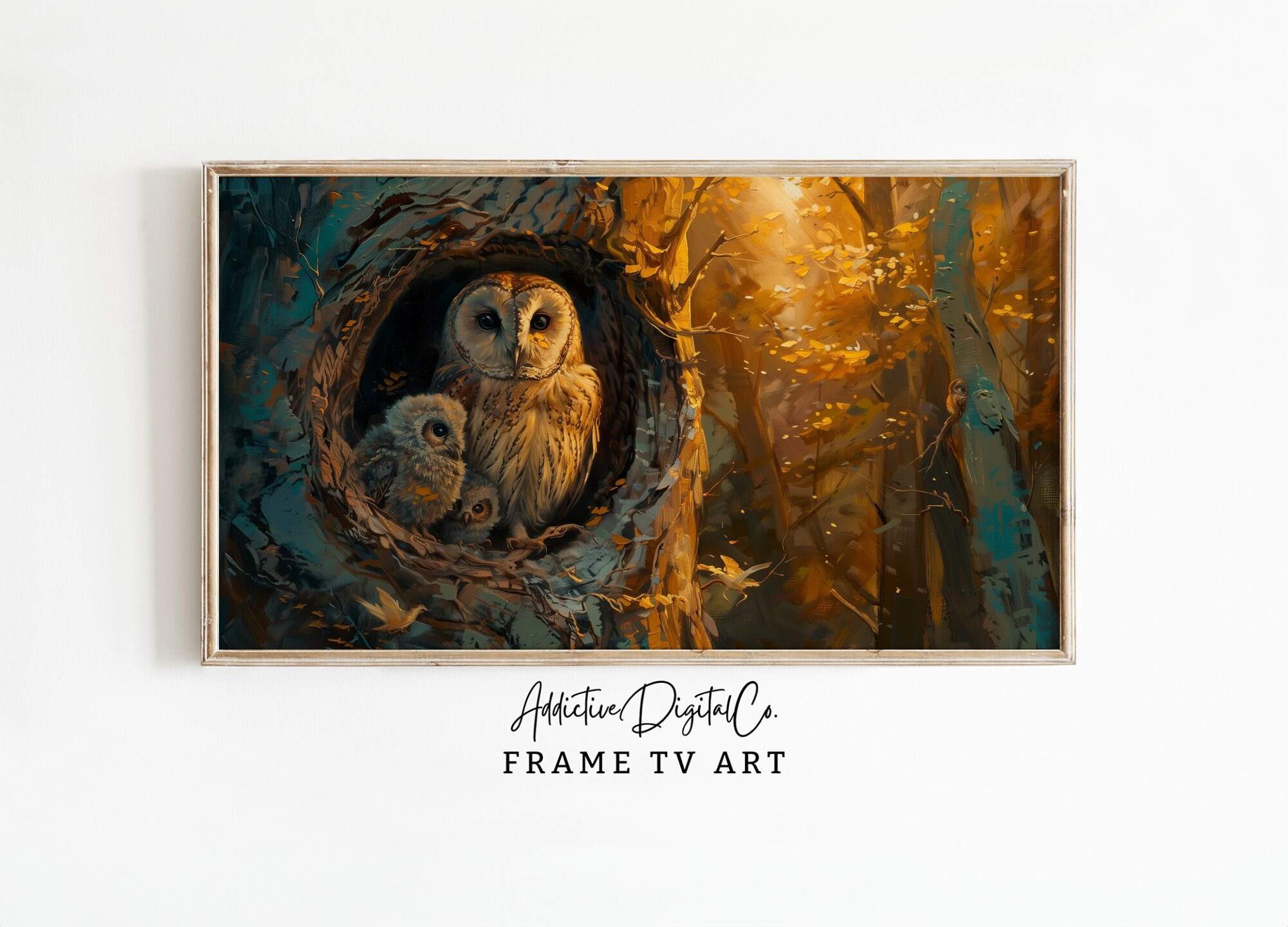Owl Family Frame Tv Art, Mother's Day Art Tv Decor, Forest Owls Tv Screensaver Jpg, Owl Nest Fra