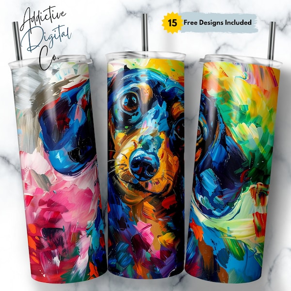 Dachshund Dog Colorful Art Tumbler Wrap, 20oz Skinny Straight and Tapered PNG, Unique Dog Lover Gift Idea