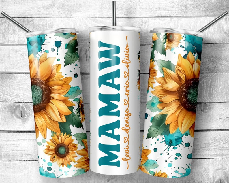 Mamaw Tumbler Wrap Add Kids Names, Sunflower Floral Grandma Seamless Sublimation, Granny Skinny Tumbler 20oz Design Png image 6