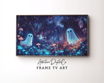 Arte de TV con marco Samsung de Halloween, fantasmas del bosque encantado, fantasmas de TV, fantasmas de neón azul y morado, arte de TV con marco de Halloween, otoño místico