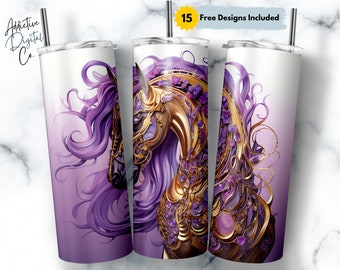 Horse Purple Gold 20 oz Skinny Tumbler Sublimation Design, Straight & Tapered Wrap, Horse Tumbler Png, Instant Download