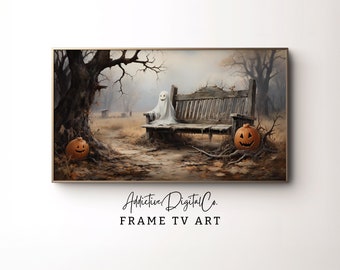 Spooky Ghost on Bench Frame Tv Art, Halloween Tv Decor, Dark Academia Tv Screensaver, Rustic Fall Decor