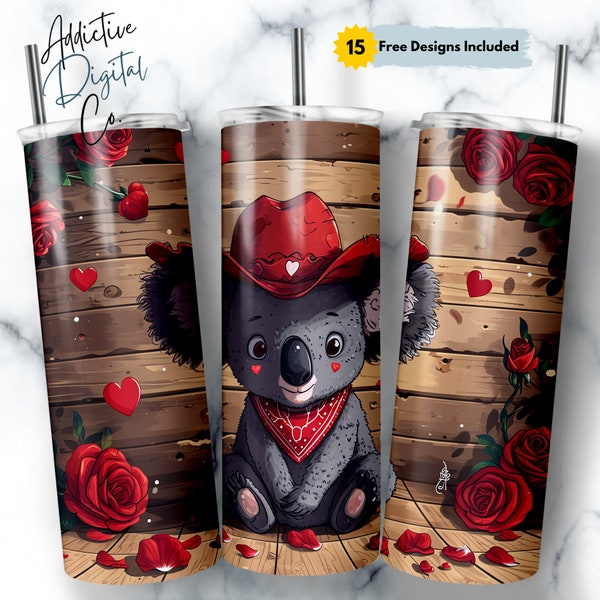 20oz Skinny Tumbler Sublimation Wrap Cowgirl Koala Design, Cute Animal Love, Instant Download PNG