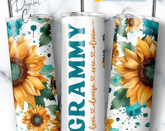 Grammy Tumbler Wrap Add Kids Names, Sunflower Floral Grandma Seamless Sublimation, Granny Skinny Tumbler 20oz Design Png
