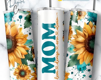 Mom Tumbler Wrap Add Kids Names, Sunflower Floral Mother Seamless Sublimation, Mama Skinny Tumbler 20oz Design Png