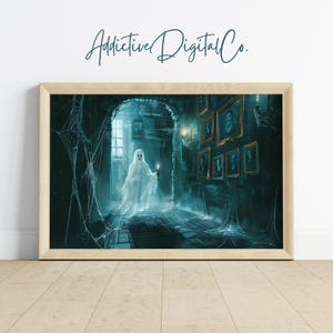Mysteriöser Geist in Haunted Flur Kunst, Gruselige Malerei, Dark Academia Halloween Dekor, Gothic Ästhetik, Vintage Grunge Druck zum ausdrucken
