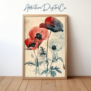 Poppies Printable Wall Art, Vintage Botanical Poppies Painting, Floral Aesthetic, Rustic Home Decor, Boho Wall Decor, Instant Download
