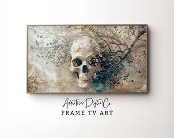 Arte de televisión con marco de calavera etérea, decoración de televisión floral gótica, salvapantallas de televisión de Academia oscura, decoración mística del hogar