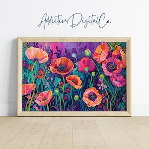Poppies Printable Wall Art, Vibrant Floral Painting, Boho Botanical Decor, Colorful Abstract Flowers, Spring Home Art, Digital Download