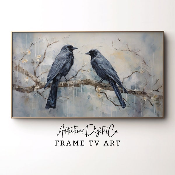 Elegant Bird Oil Painting Frame Tv Art, Spring Blossom Tv Decor, Blue White Birds Tv Screensaver, Modern Home Decor
