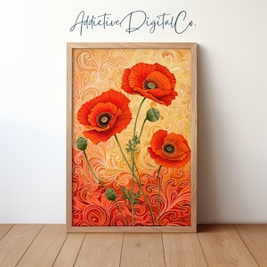 Poppies Printable Wall Art, Vibrant Red Poppies with Swirls Painting, Boho Botanical Decor, Colorful Abstract Floral Art, Summer Home Decor