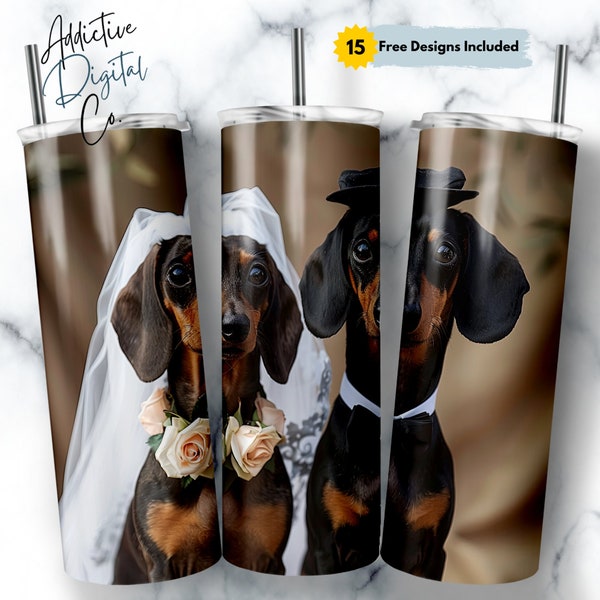 Dachshund Wedding Attire Themed 20oz Skinny Tumbler Wrap, Bride and Groom, Dog Lover Gift, Perfect for Sublimation
