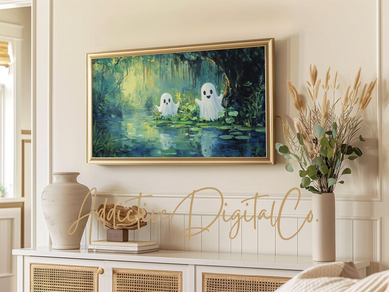 Halloween Samsung Frame TV Art, Forest Ghost Painting, TV Ghost, Green