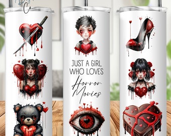 Sólo una chica que ama las películas de terror Envoltura de vaso flaco de 20 oz, diseño de sublimación de arte de terror, vaso amante del terror PNG, diversión aterradora digital