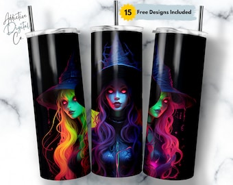 Neon Witches 20 oz Skinny Tumbler Sublimation Design, Straight & Tapered Wrap, Witch Tumbler Png, Instant Download