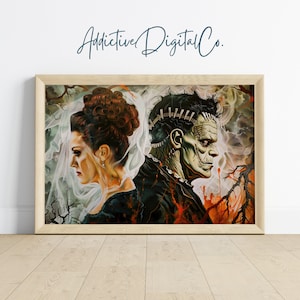 Frankenstein and Bride Printable Wall Art, Gothic Horror Painting, Dark Academia Halloween Decor, Vintage Spooky Aesthetic, Dramatic Art