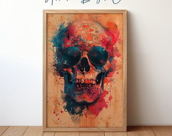 Retrato de calavera, decoración de Halloween de la Academia oscura, calavera salpicada de colores con gafas de sol, arte de pared imprimible gótico vibrante
