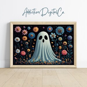 Ghost and Wildflowers Printable Wall Art, Haunted Floral Painting, Dark Academia Halloween Decor, Vintage Spooky Botanical Art, Instant