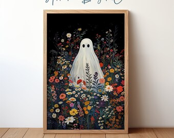 Ghost Portrait, Dark Academia Halloween Decor, Whimsical and Spooky Floral Ghost Printable Wall Art, Mysterious Folklore Aesthetic