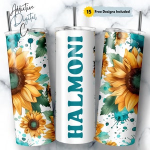 May include: A white tumbler with a teal design that says "HALMONI" on the front. The tumbler is surrounded by a pattern of sunflowers and teal paint splatters on a white background.