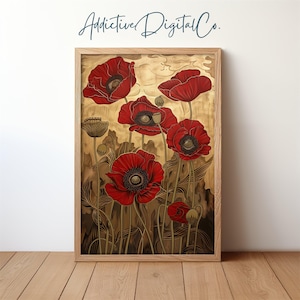 Poppies Printable Wall Art, Abstract Red Poppies Painting, Boho Botanical Decor, Vintage Poppy Flowers, Rustic Floral Bedroom Art