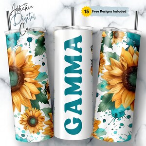 Envoltura de vaso gamma, Diseños de sublimación sin costuras de abuela floral de girasol, Vaso flaco de abuela Diseño de 20 oz Gamma PNG