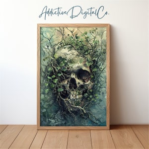 Gothic Skull Portrait, Dark Academia Gothic Decor, Skull with Foliage and Branches Printable Wall Art, Creepy Aesthetic, Vintage Style Art