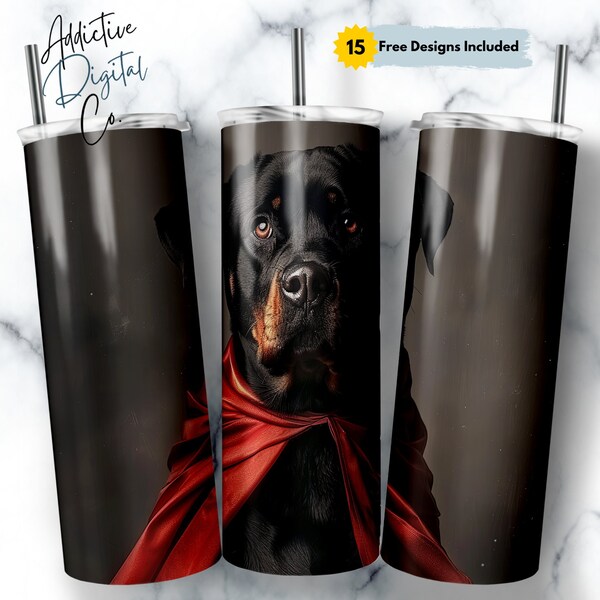 Rottweiler Superhero Portrait 20oz Skinny Tumbler Wrap, Rottie Dog Lover Gift, Sublimation Design PNG, Straight Tapered, Pet Lover Art