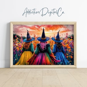 Witch Trio in Flower Field Printable Wall Art, Enchanting Witch Painting, Dark Academia Halloween Decor, Mystic Sunset Witchy Aesthetic
