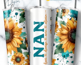 Nana Tumbler Wrap Add Kids Names, Sunflower Floral Grandma Seamless Sublimation, Granny Skinny Tumbler 20oz Design Png