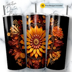 Sunflower Mandala Autumn Fall Tumbler Wrap, Autumn 20 oz Skinny Tumbler Sublimation Design, Sunflower Rustic PNG, Floral Lover