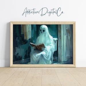 Ghost Reading Book on Toilet Printable Wall Art, Haunted Ghost Bathroom Painting, Dark Academia Halloween Gothic Decor, Spooky Art