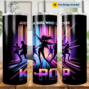 Écharpe de verre fine Just A Girl Who Loves K-Pop 20 oz, Design en sublimation de danse néon, verre amateur de K-Pop PNG, téléchargement numérique pour les fans de musique
