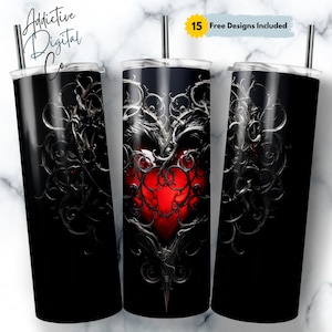 20 oz Tumbler Sublimation Wrap, Gothic Love Heart Design, Instant Download, Valentine&#39;s Skinny Tumbler PNG