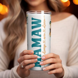 Mamaw Tumbler Wrap Add Kids Names, Sunflower Floral Grandma Seamless Sublimation, Granny Skinny Tumbler 20oz Design Png image 5