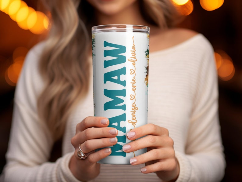Mamaw Tumbler Wrap Add Kids Names, Sunflower Floral Grandma Seamless Sublimation, Granny Skinny Tumbler 20oz Design Png image 5