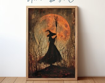 Retrato de silueta de bruja, decoración de Halloween de la academia oscura, bruja misteriosa en la noche iluminada por la luna, arte de pared imprimible espeluznante, estética gótica