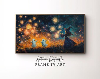 Arte de TV con marco Samsung de Halloween, bruja con fantasmas, fantasma de TV, azul oscuro y naranja, arte de TV con marco de Halloween, arte de pintura espeluznante de otoño