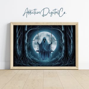 Ghost On Swing Printable Wall Art, Spooky Ghost Painting, Dark Academia Halloween Decor, Surreal Moonlit Forest Artwork