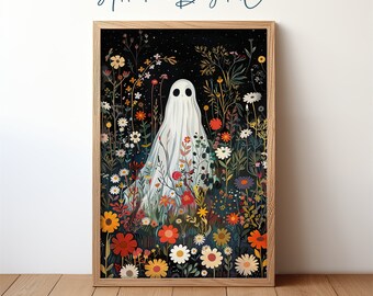 Retrato de fantasma, decoración de Halloween de la Academia Oscura, caprichosa obra de arte floral de fantasmas, arte de pared imprimible de jardín de flores espeluznantes
